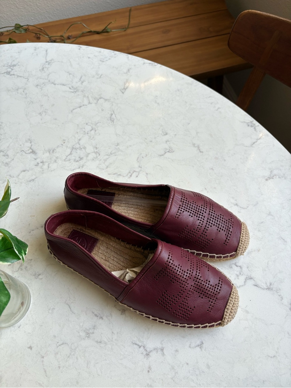Women's Tory Burch Burgundy Leather Espadrille Slip-Ons